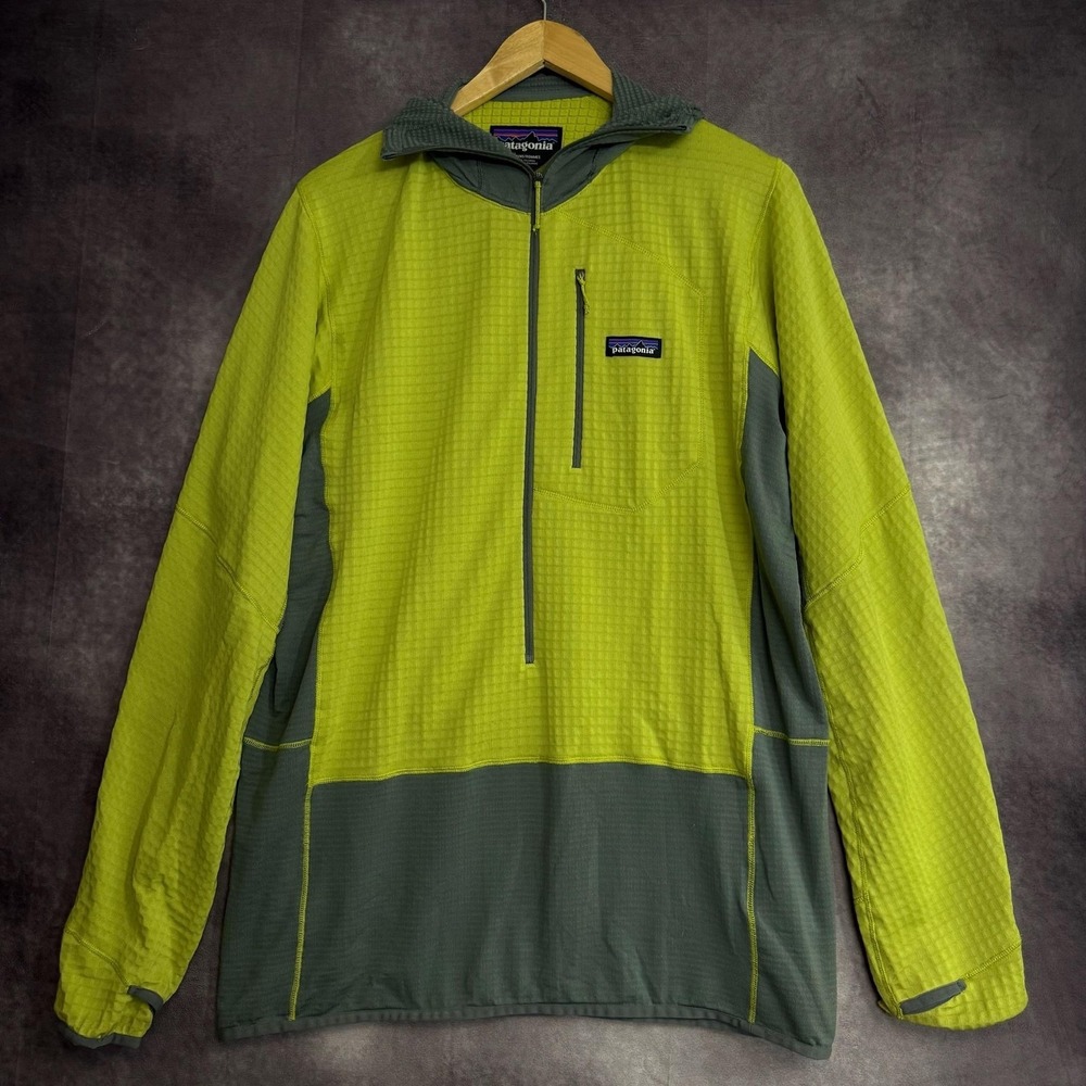 Patagonia Jacket Men's XL Green Grid Fleece 1/2 Zip Hooded Pullover Thumbholes